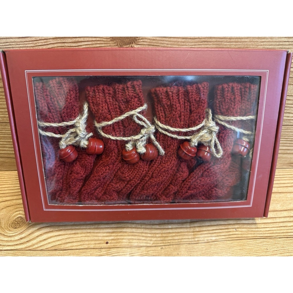 Pottery Barn Ruby Red Knitted Flatware Utensil Stockings Set of 4 Bells